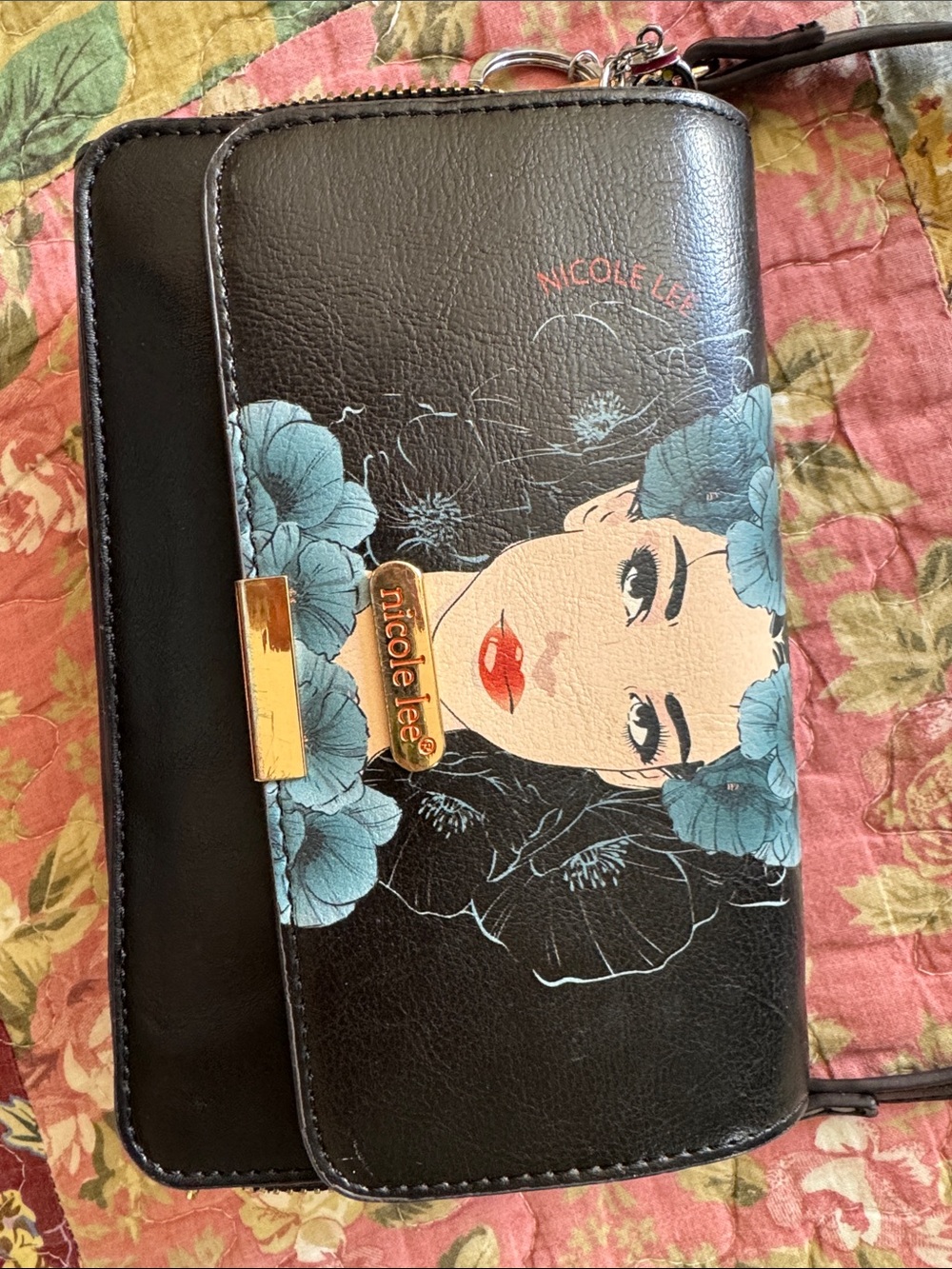 Nicole Lee Black Crossbody with Blue Floral Face Artwork
